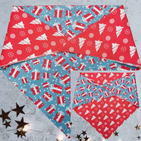 Christmas Reversible Snap-On Bandana﻿ - Christmas Gifts Blue/Christmas Trees Red